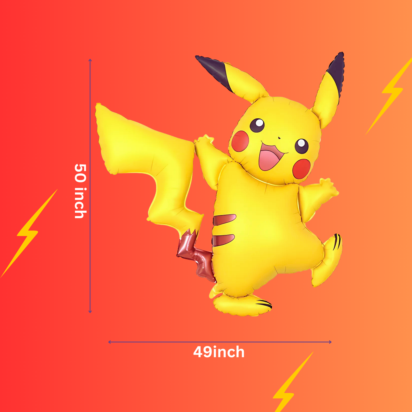 Size guide for the 50-inch (height) by 49-inch (width) giant Pikachu foil balloon, showing the massive scale of the adorable yellow Pokemon character with arms raised, red cheeks, and lightning effects; huge 4-foot tall statement piece for transforming kids' Pokemon birthday parties and photo ops.