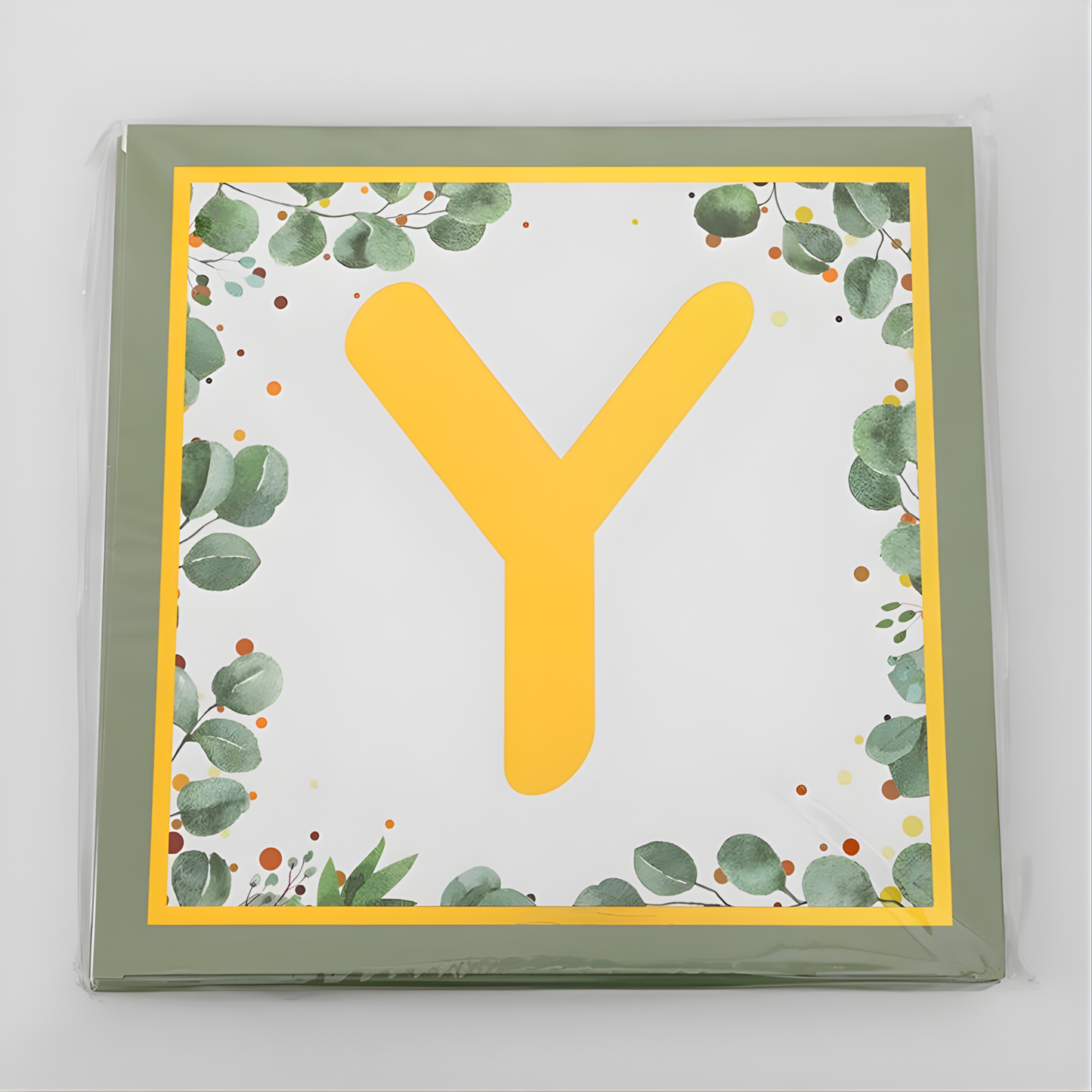 Giant 30 cm BABY balloon boxes with sage green leaves and gold letters
