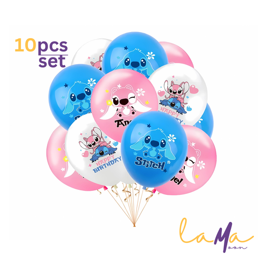 10pcs Blue Alien Stitch & Pink Companion Party Balloons – Birthday Decorations for Kids – Non-Inflated