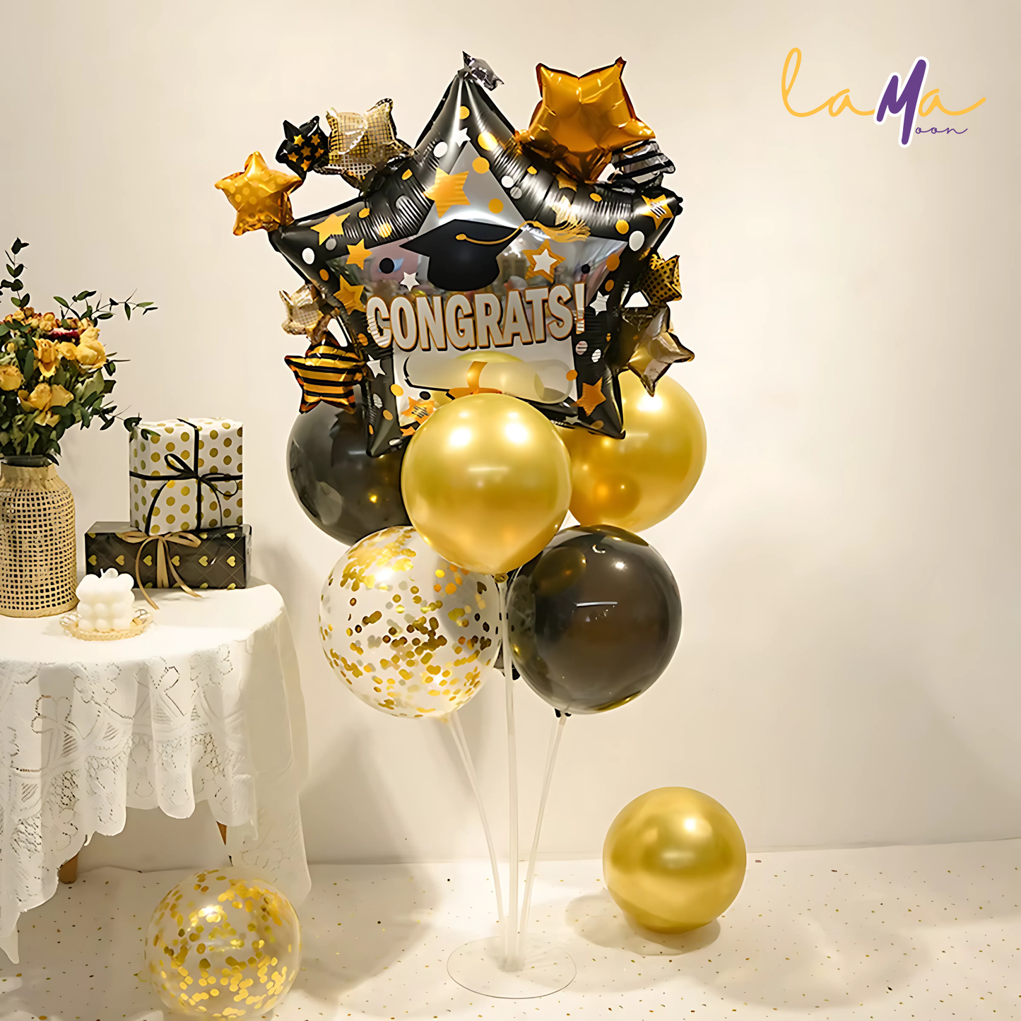 Black and Gold Graduation Balloon Set: Congrats Star, Confetti Balloons (Non-Inflated)