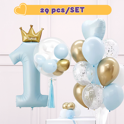 First Birthday Balloon Set: Blue, Gold, White, and Confetti - 29 Piece