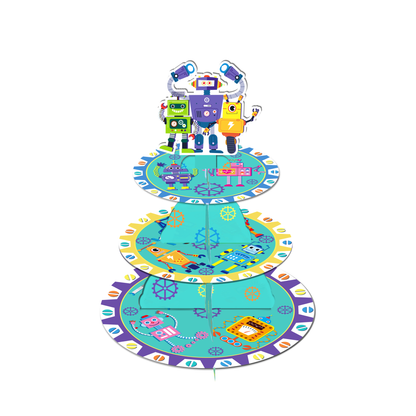 Robot Party 3-Tier Cupcake Stand – Futuristic Sci-Fi Birthday Dessert Tower & Centerpiece