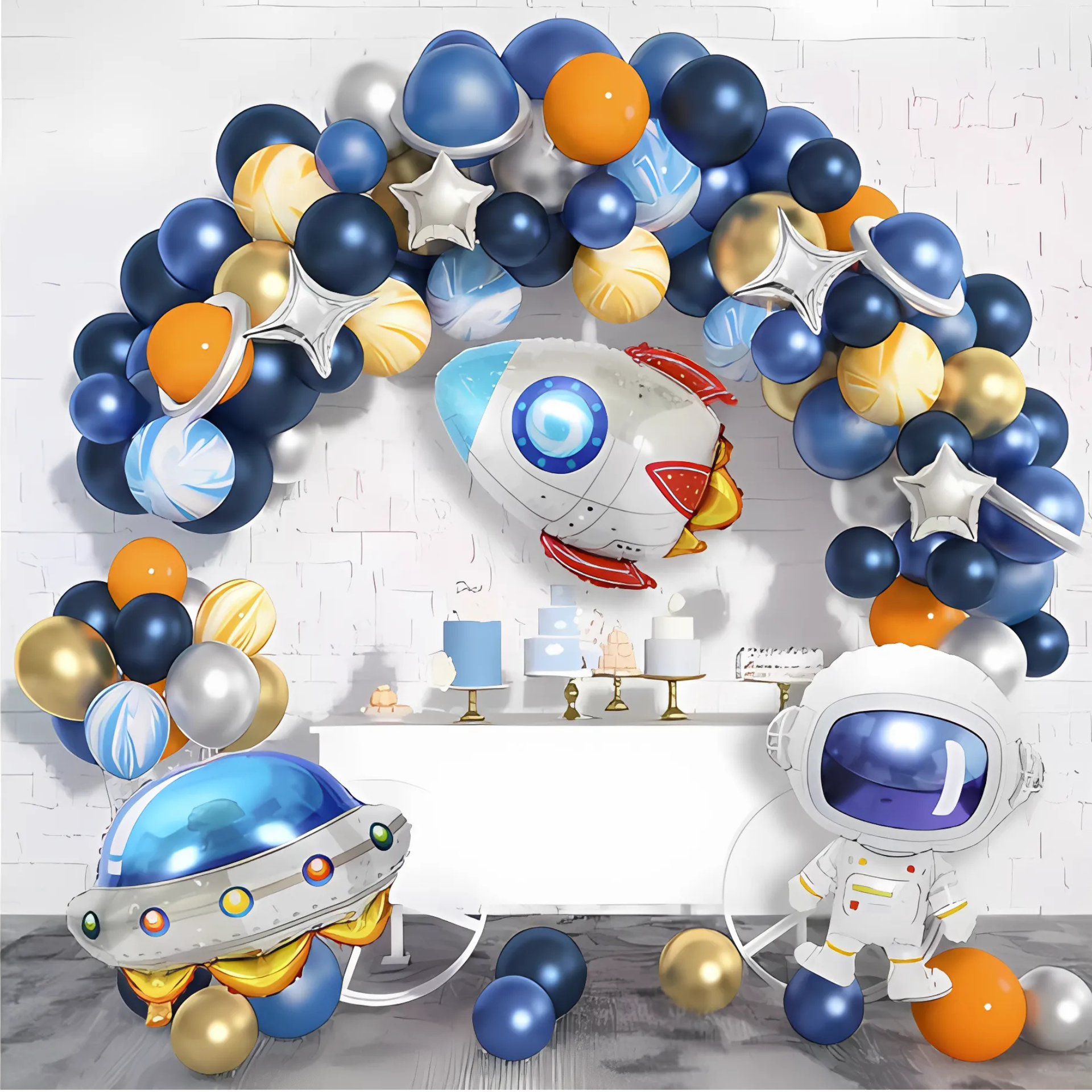Space-Themed Balloon Arch Kit - Astronaut, Rocket, and UFO Party Decorations