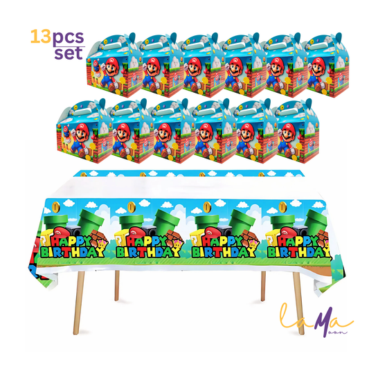 Super Mario Party Set – Tablecloth + 12 Favor Boxes (13pcs)