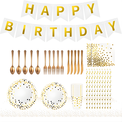 White & Gold Party Supplies 92PCS Set | Elegant Disposable Party Decor by LamaMoon