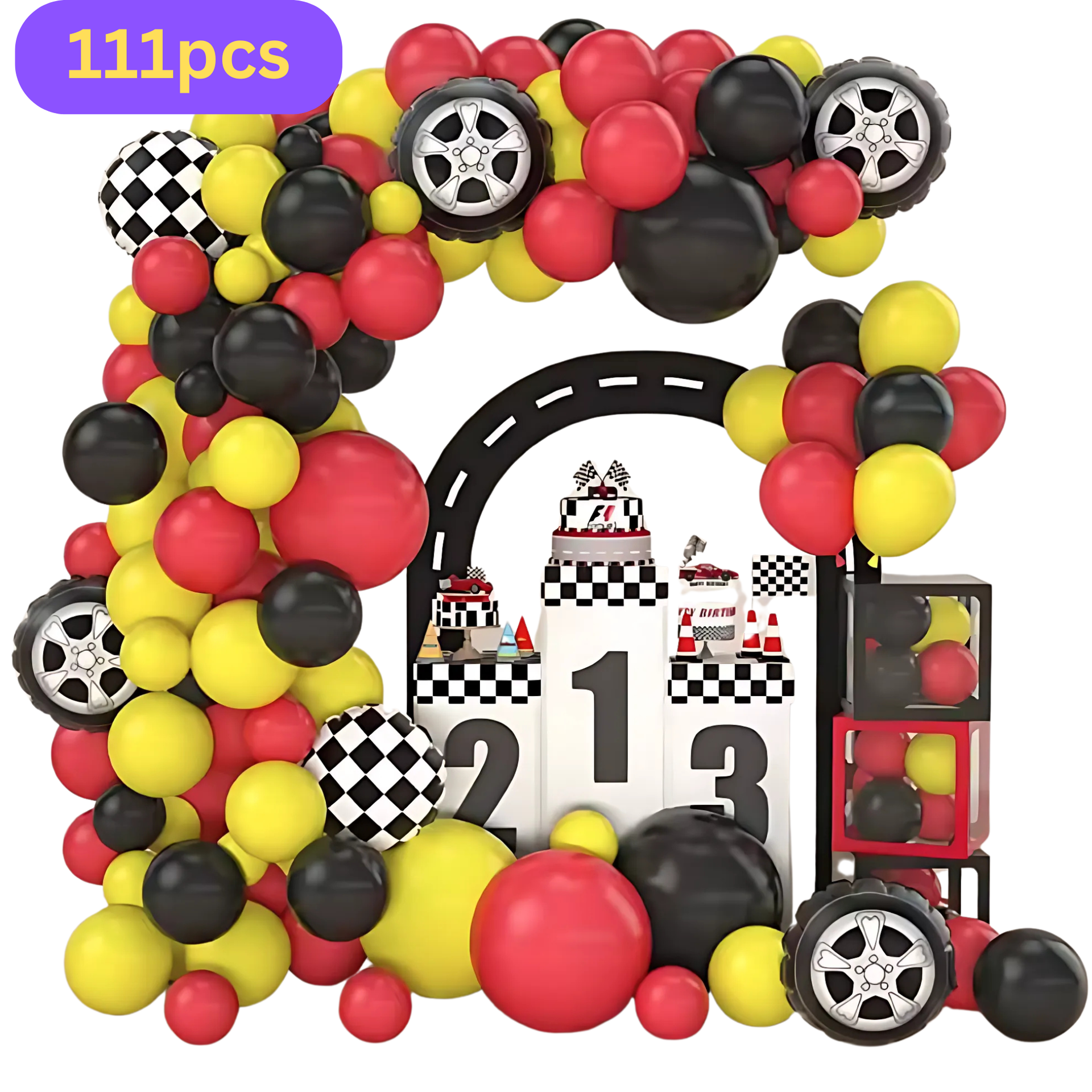 Race Car Balloon Arch Kit (111PCS): Red, Black & Yellow Party Decorations