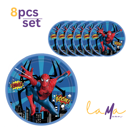 Spider Superhero Party Plates - 8pc Set - Blue & Red Action Theme Tableware - Boys Birthday Decor