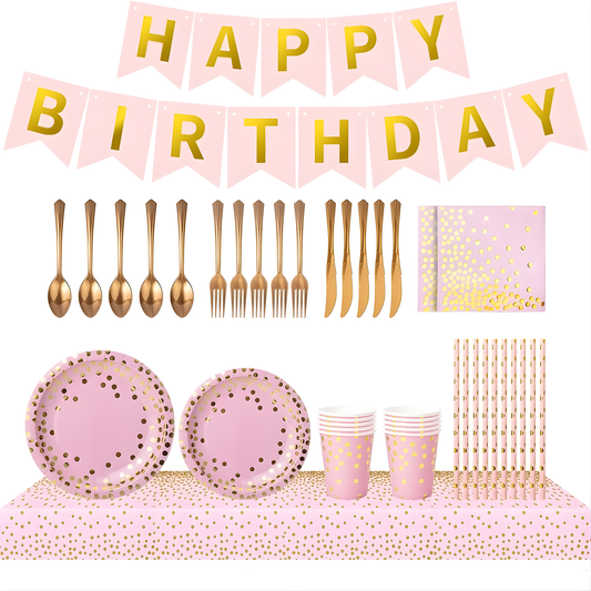 Pink & Gold Party Supplies Set 92PCS for 10 Guests | Disposable Birthday Decorations by LamaMoon