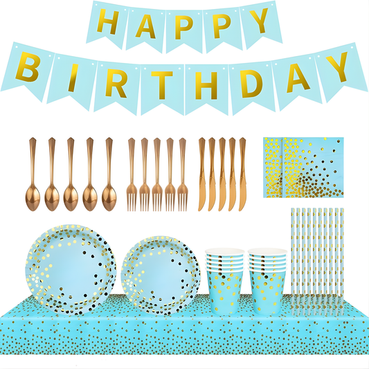 Blue & Gold Party Supplies Set 92PCS for 10 Guests | Elegant Disposable Decor by LamaMoon