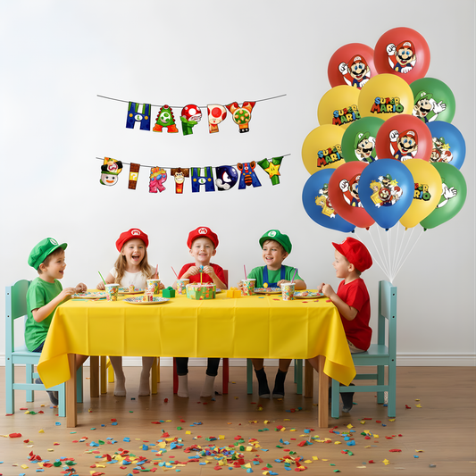 Children at a birthday party with Super Mario balloons and decorations.