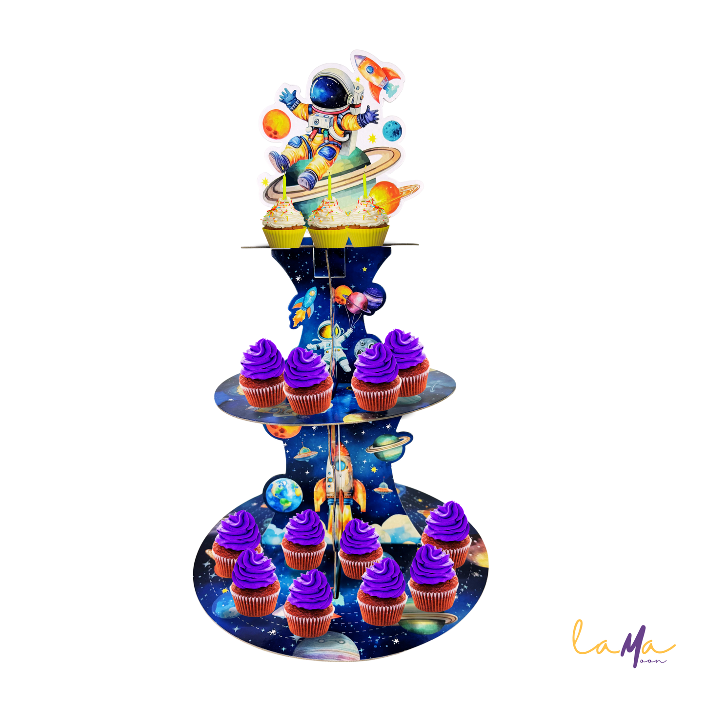 To the Moon! 3-Tier Astronaut Cupcake Stand for Space Birthday Parties