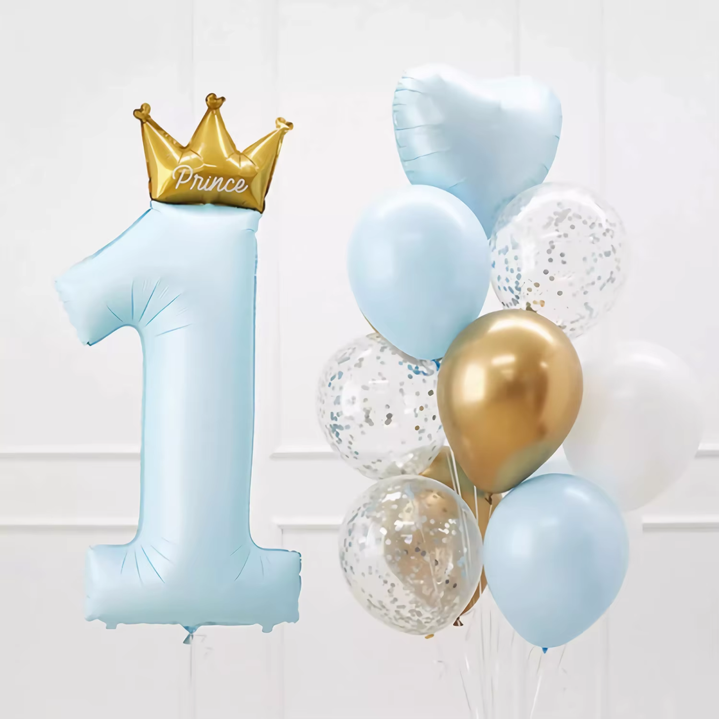 First Birthday Balloon Set: Blue, Gold, White, and Confetti - 29 Piece
