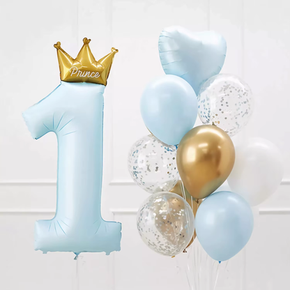First Birthday Balloon Set: Blue, Gold, White, and Confetti - 29 Piece