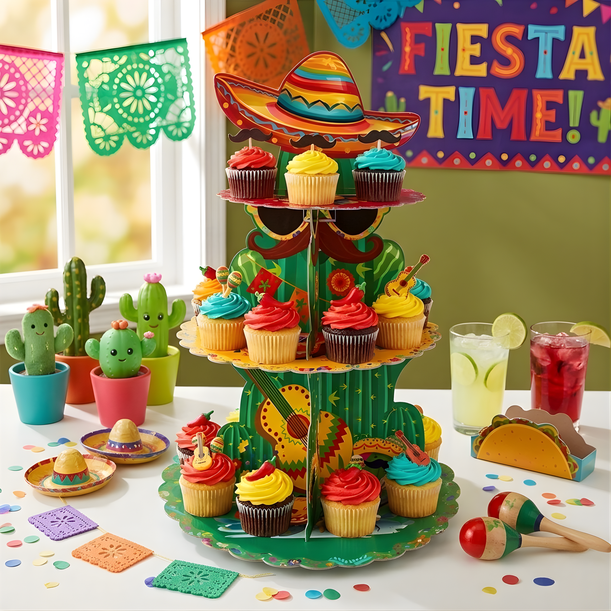 Colorful Mexican-themed birthday party setup with cupcakes, decorations, and 'Fiesta Time!' banner.