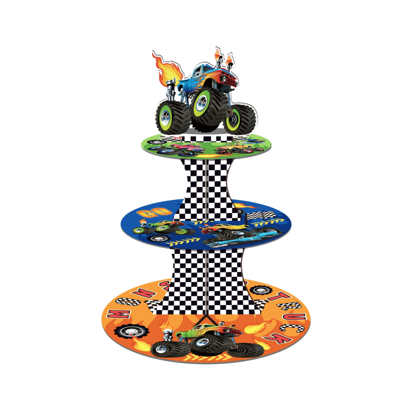 Three-tiered party stand with monster truck design on a white background