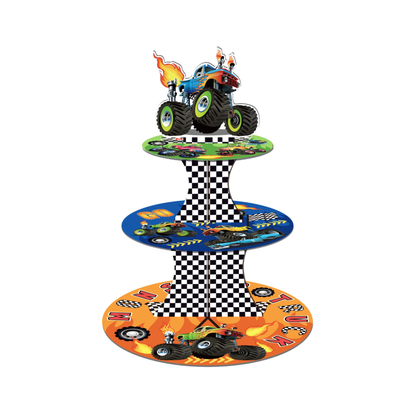 Three-tiered party stand with monster truck design on a white background