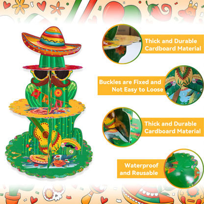 3 Tier Cactus Cupcake Stand – Mexican Fiesta Party Decorations Dessert Display for Cupcakes, Taco Party, Cinco de Mayo Birthday Decor