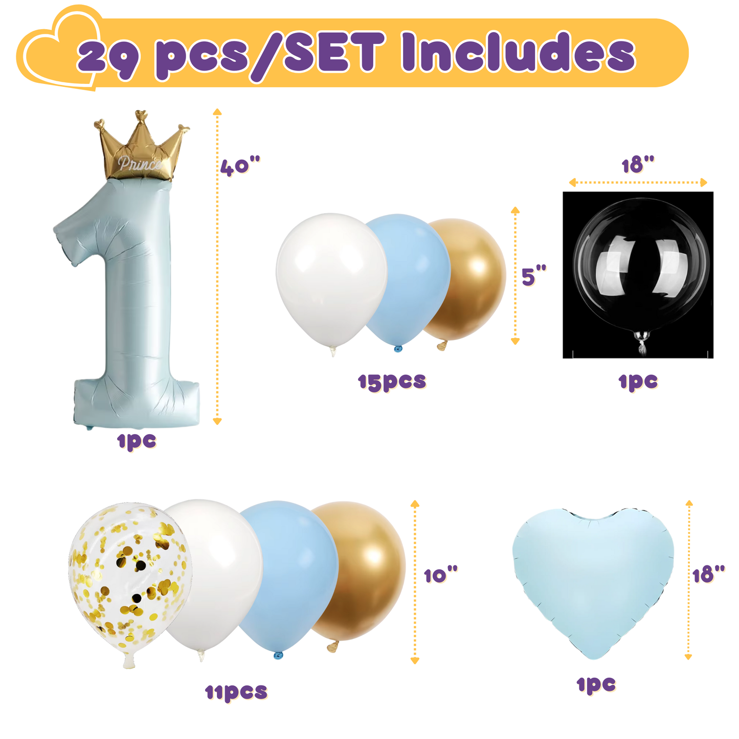 First Birthday Balloon Set: Blue, Gold, White, and Confetti - 29 Piece