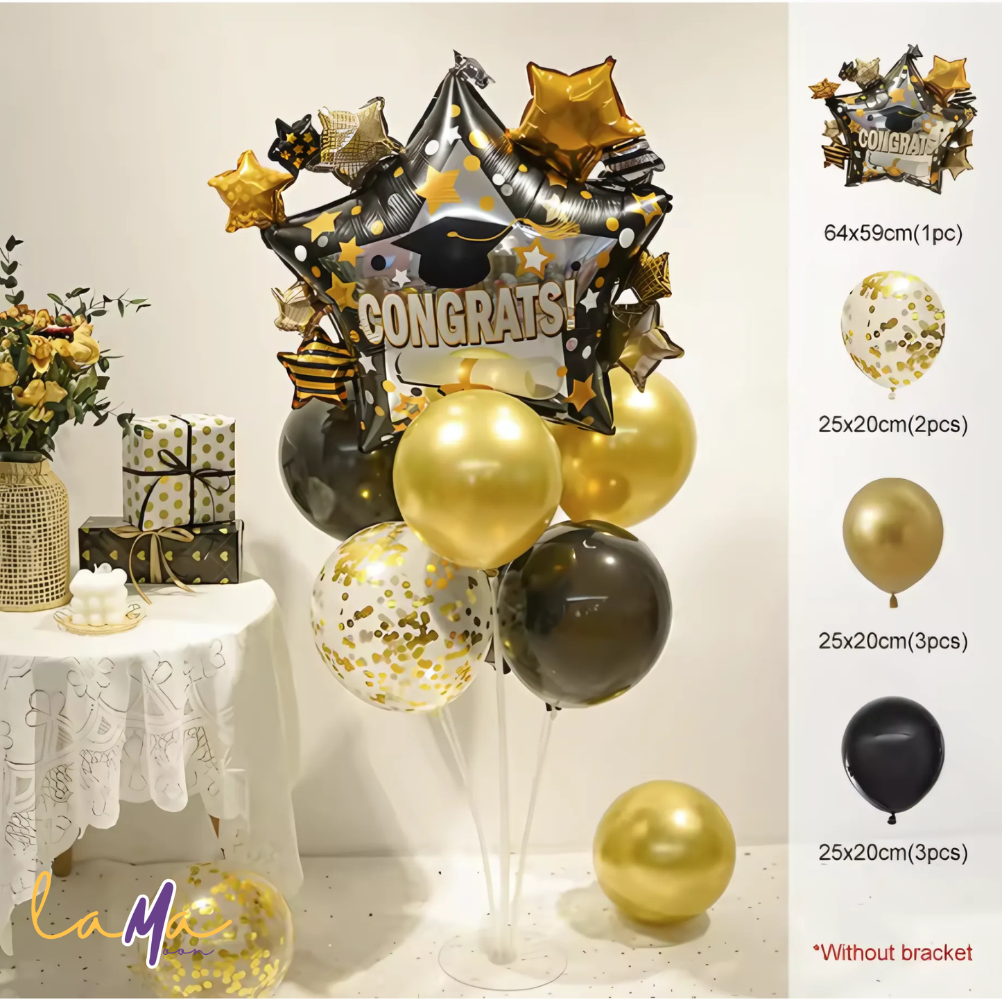 Black and Gold Graduation Balloon Set: Congrats Star, Confetti Balloons (Non-Inflated)