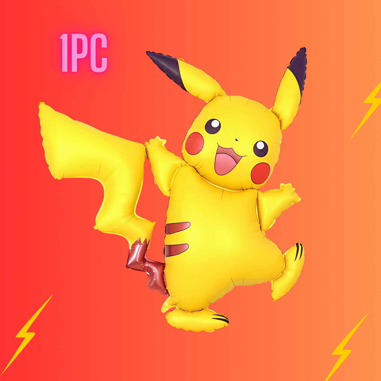 Close-up of the 50-inch giant Pikachu foil balloon (1 piece), vibrant yellow character with black-tipped ears, red cheeks, happy expression, and lightning bolt details on an energetic orange gradient background, ideal as a standout centerpiece for Pokemon birthday parties and kids' themed decorations from LamaMoon.