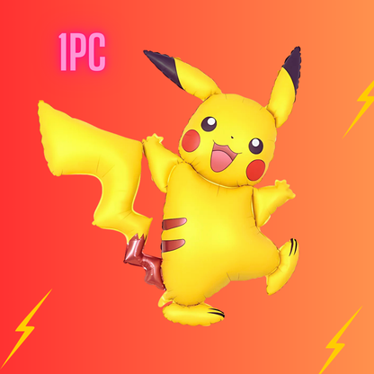 Close-up of the 50-inch giant Pikachu foil balloon (1 piece), vibrant yellow character with black-tipped ears, red cheeks, happy expression, and lightning bolt details on an energetic orange gradient background, ideal as a standout centerpiece for Pokemon birthday parties and kids' themed decorations from LamaMoon.