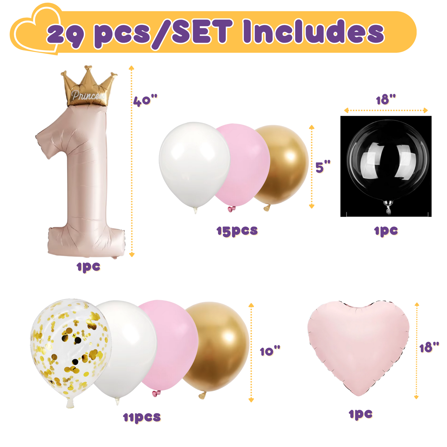 Princess 1st Birthday Balloon Set: Pink, Gold & White Party Decorations