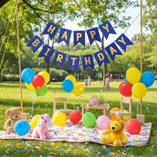 Outdoor birthday party setup with balloons, teddy bears, and a 'Happy Birthday' banner.