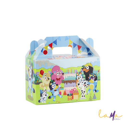 Colorful children's party favor box with cartoon characters on a white background