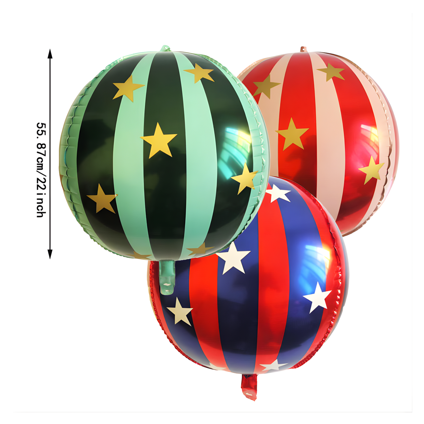 Three colorful balloons with star patterns on a white background
