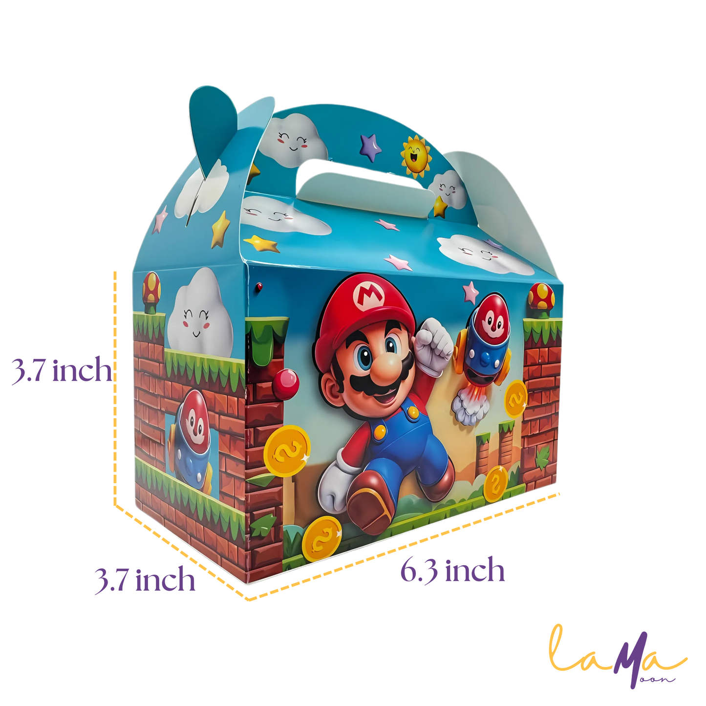 Colorful gift box with Mario design and dimensions on a white background
