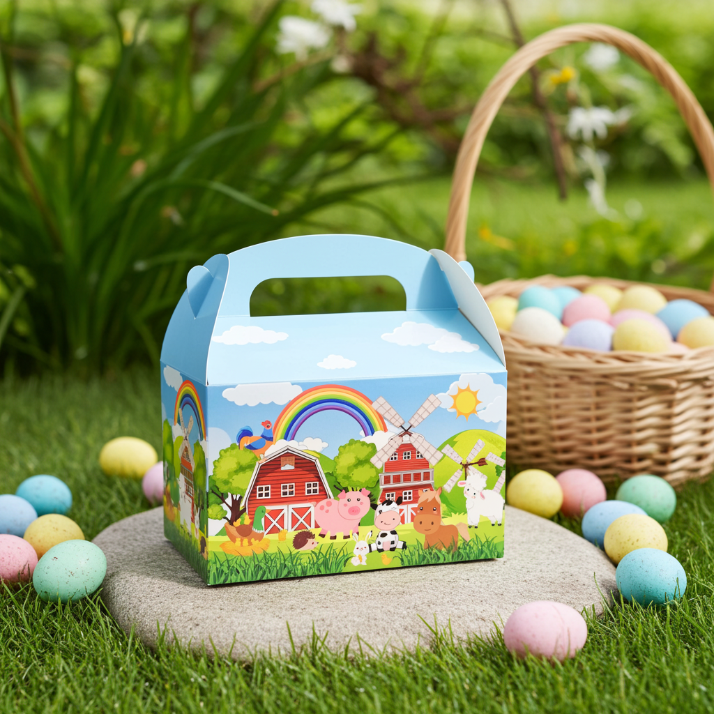 Colorful Easter egg hunt box with farm design on grass with Easter eggs