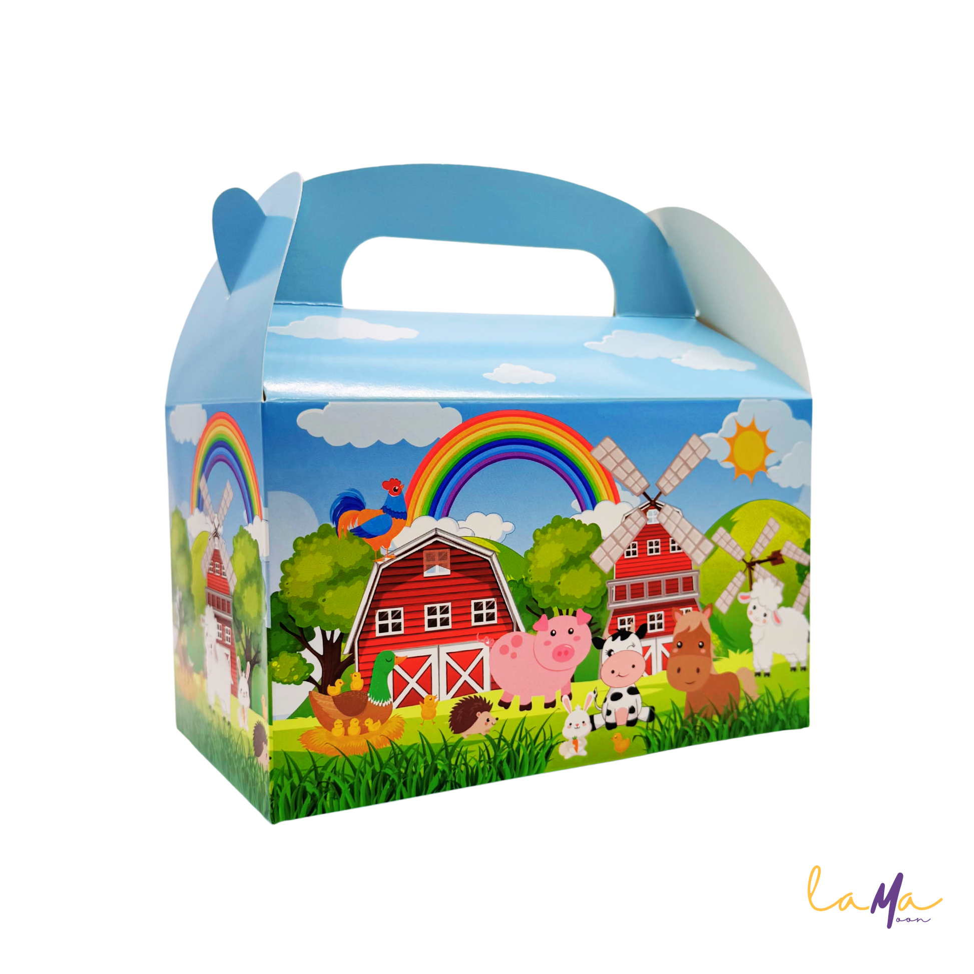 Children's party favor box with farm design featuring animals and a rainbow.