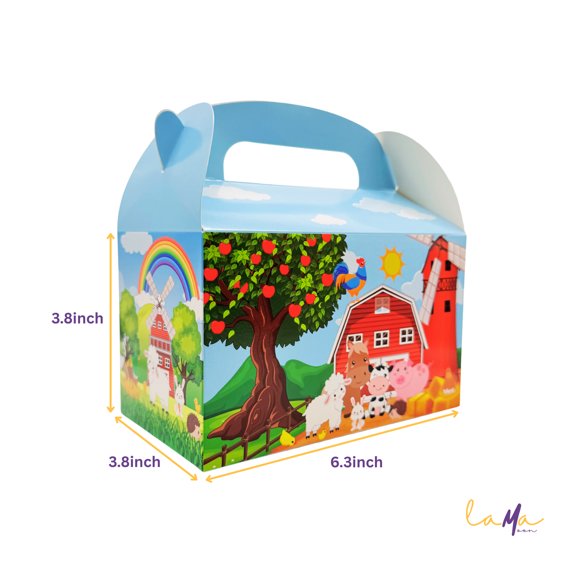 Children's party favor box with farm design and dimensions on a white background