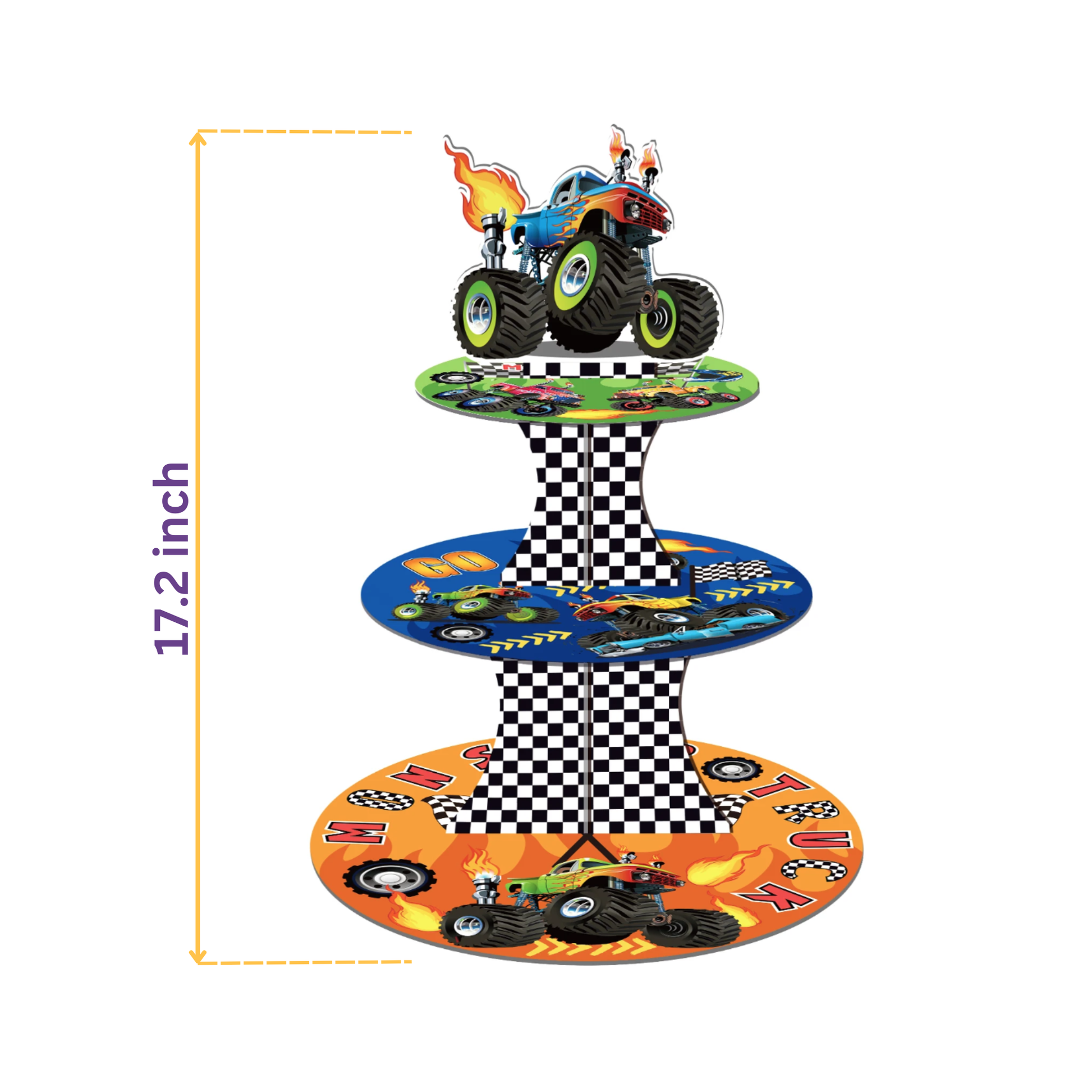 Three-tiered monster truck-themed cake stand with colorful design and checkered pattern, featuring a height measurement of 17.2 inches.