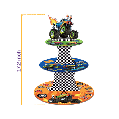 Three-tiered monster truck-themed cake stand with colorful design and checkered pattern, featuring a height measurement of 17.2 inches.