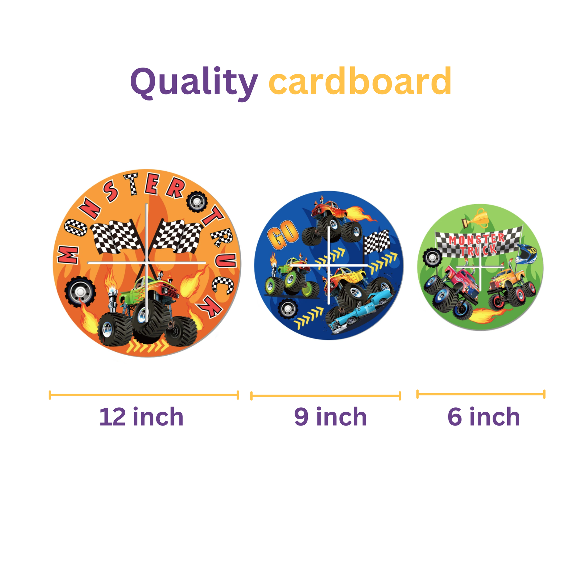 Three circular posters with monster truck designs and size measurements on a white background.