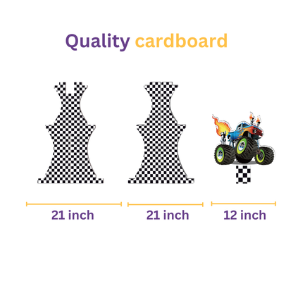 Comparison of checkered patterns on cardboard with a toy monster truck illustration.