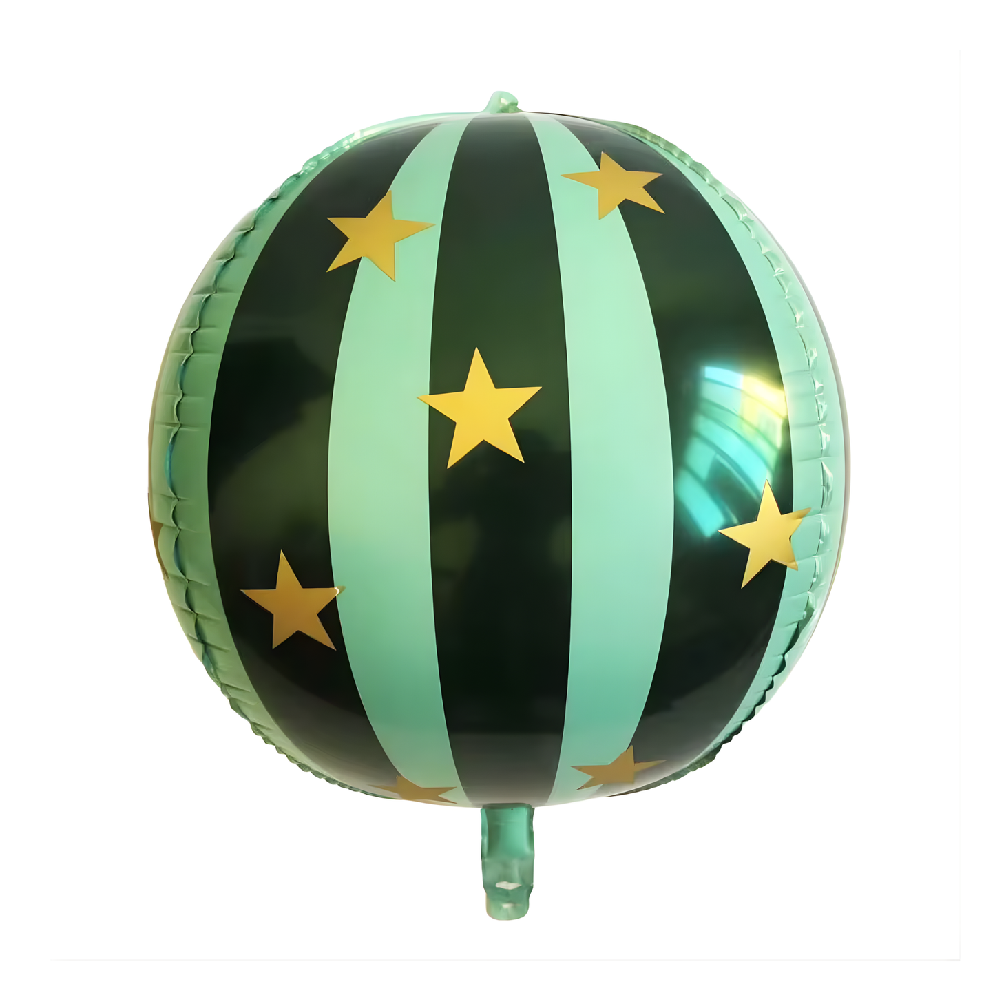 Spherical balloon with green and black stripes and gold stars on a white background