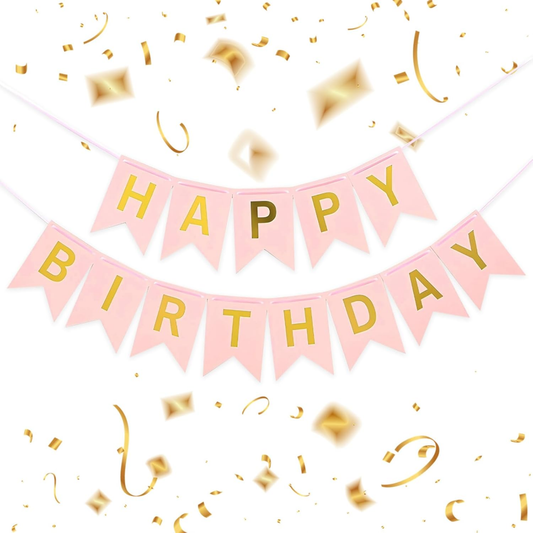 Pink 'Happy Birthday' banner with gold letters on a white background with gold confetti.