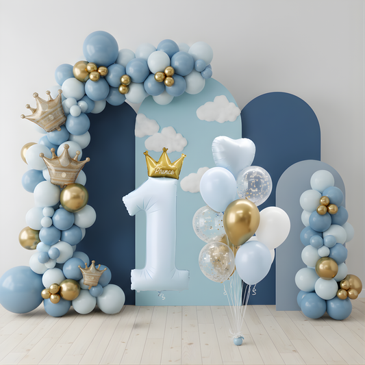 First Birthday Balloon Set: Blue, Gold, White, and Confetti - 29 Piece