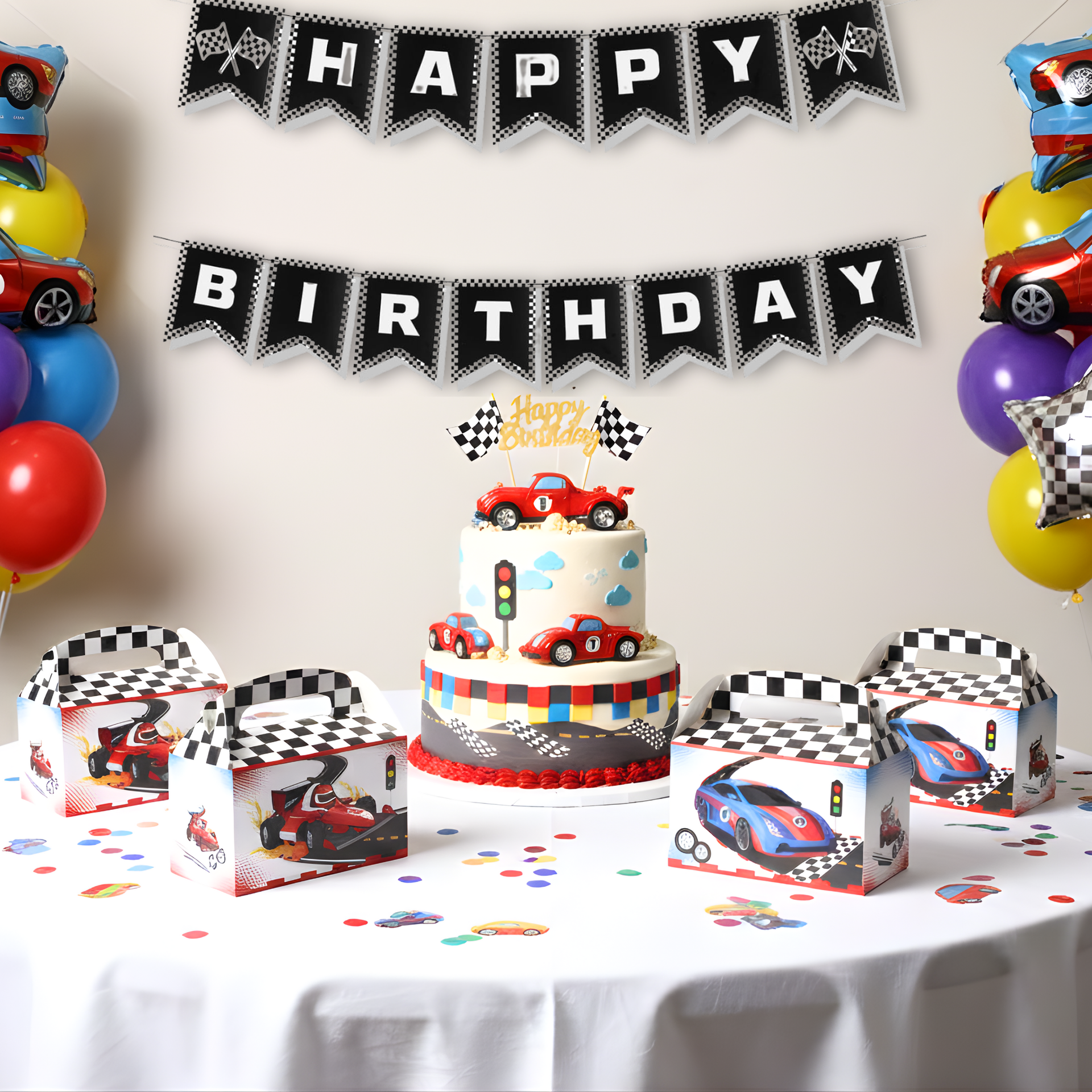 Complete race car themed birthday party table setup featuring 'Happy Birthday' banner, decorated cake, party favor boxes, and balloons.