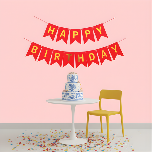 Happy Birthday banner above a cake on a table with a yellow chair against a pink background