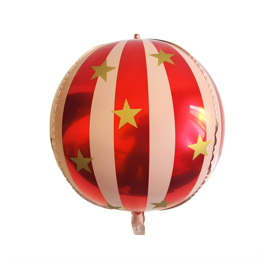 Red and gold striped balloon with star patterns on a white background