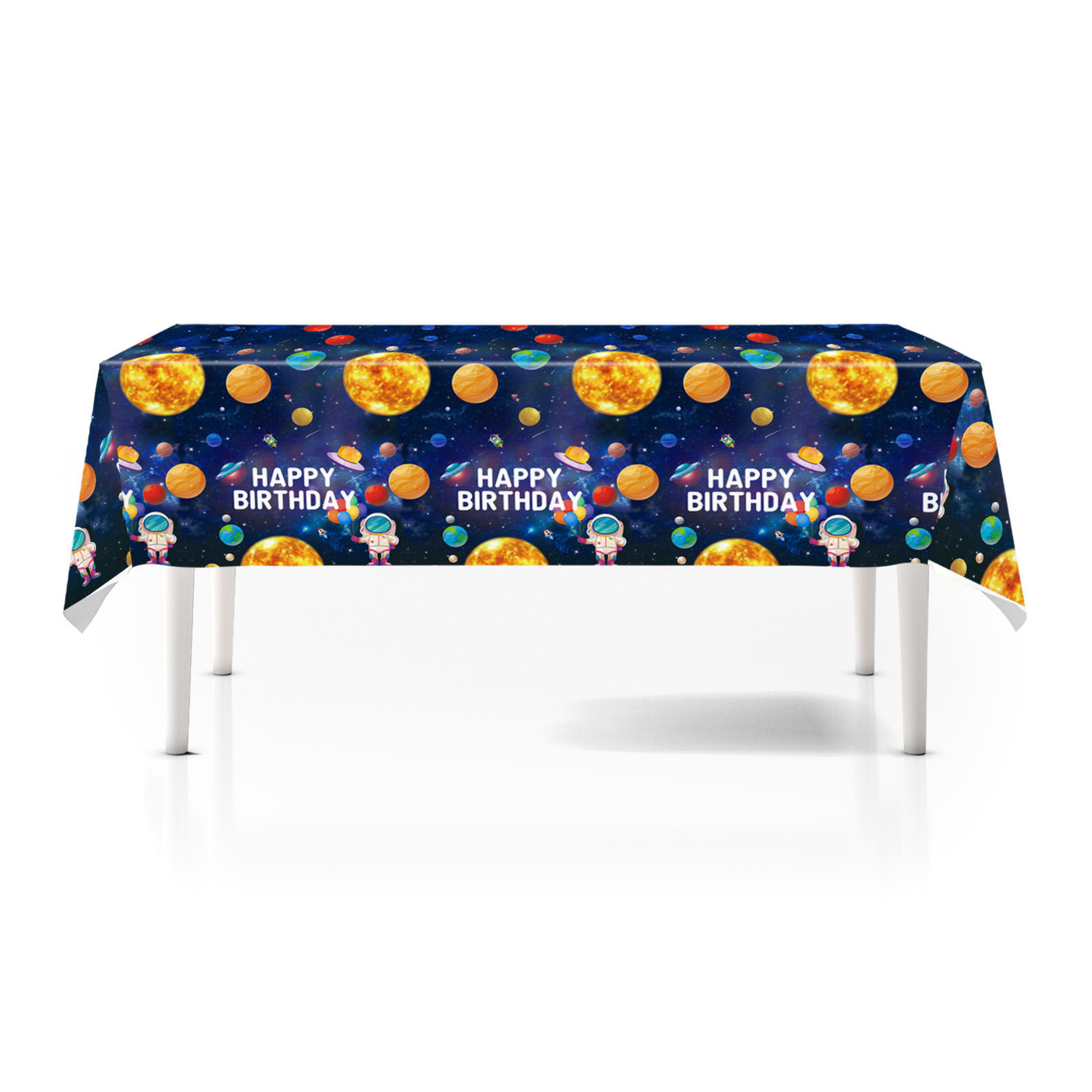 Tablecloth with space-themed design and 'Happy Birthday' text on a white background