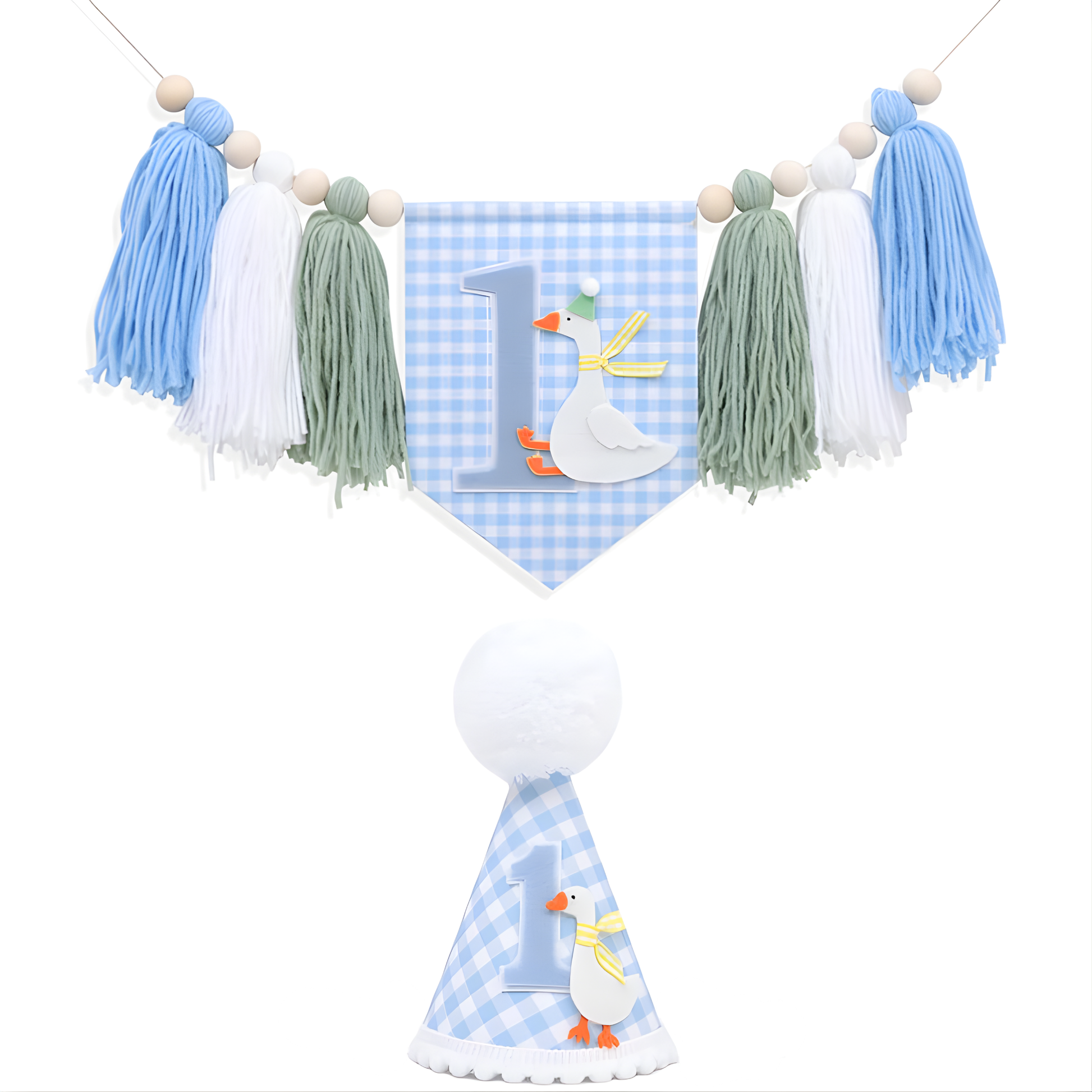 A combined product shot of a baby boy's 1st birthday party kit on a white background, featuring a blue gingham felt high chair banner with sage green and blue yarn tassels and a felt duck character, positioned above a matching blue gingham party hat.