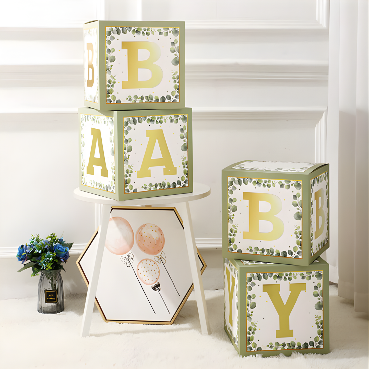 Close-up gold letter B on 11.8 inch botanical eucalyptus baby block box