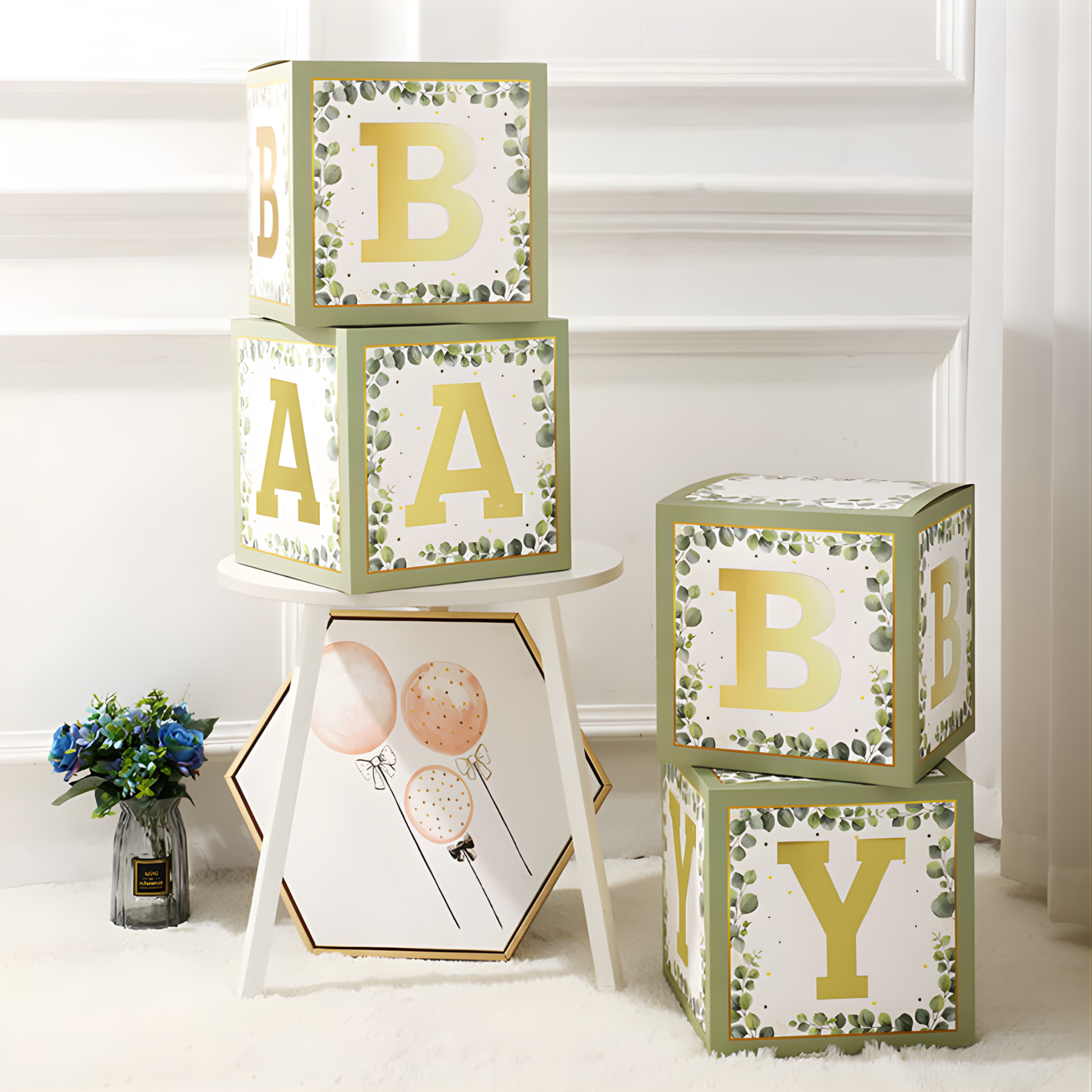 Close-up gold letter B on 11.8 inch botanical eucalyptus baby block box