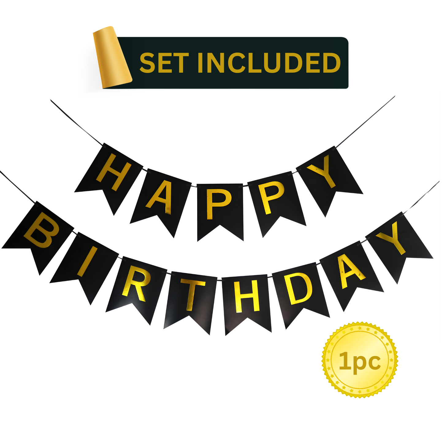 Black background HAPPY BIRTHDAY banner with gold foil polka dots and elegant lettering, perfect as a centerpiece for black and gold themed birthday parties, anniversaries, or adult celebrations.