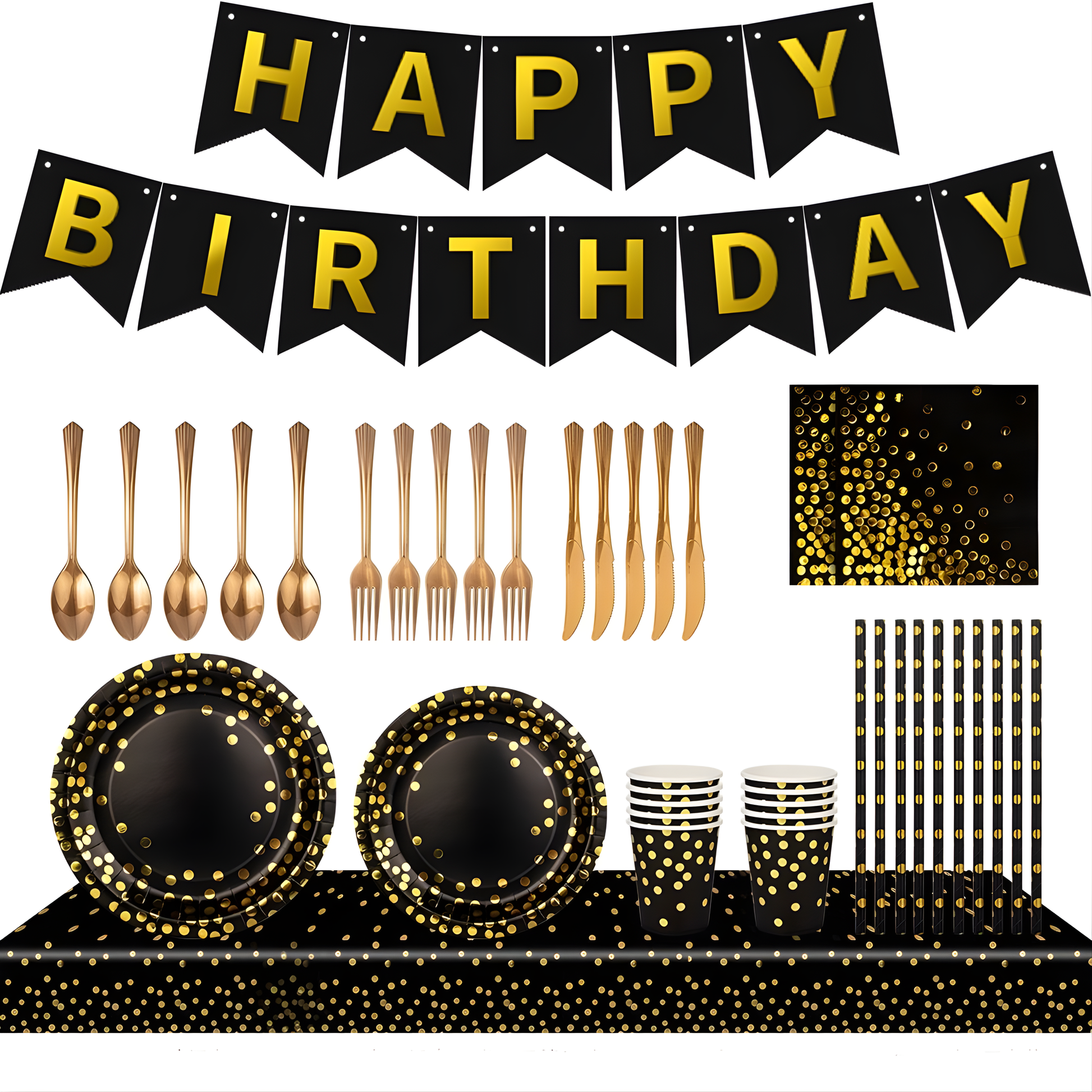 Complete black and gold polka dot birthday party supplies set including HAPPY BIRTHDAY banner, gold foil dot plates, cups, napkins, gold plastic cutlery, tablecloth, and straws — elegant disposable tableware for adult or kids celebrations, graduation, or cocktail parties.