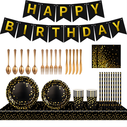 Complete black and gold polka dot birthday party supplies set including HAPPY BIRTHDAY banner, gold foil dot plates, cups, napkins, gold plastic cutlery, tablecloth, and straws — elegant disposable tableware for adult or kids celebrations, graduation, or cocktail parties.